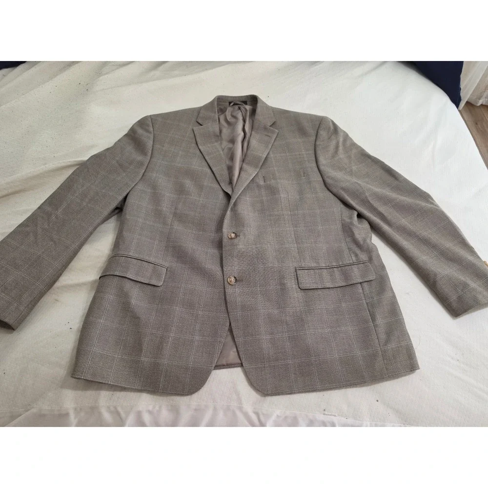 Lauren Ralph Lauren Silk Wool Blazer 48R Tan Glen Plaid Blue Windowpane Jacket